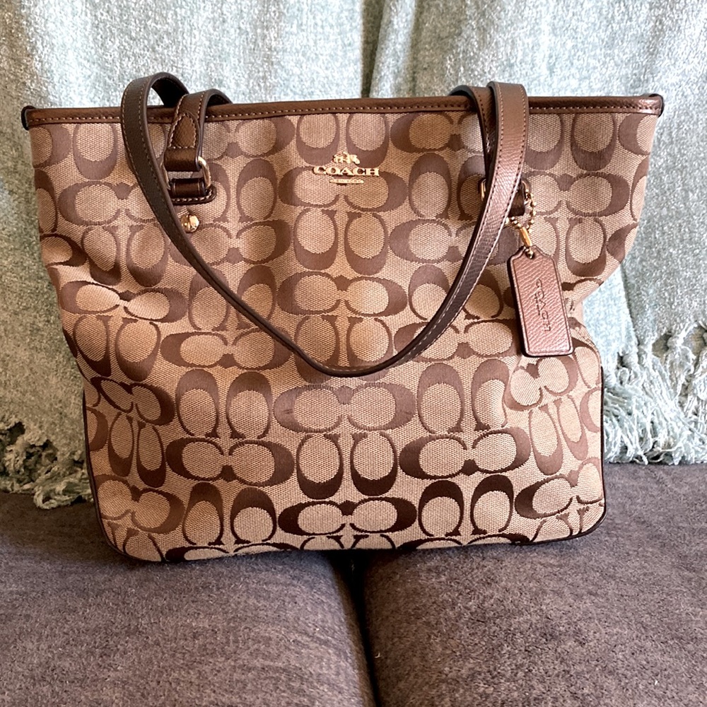 Metallic Brown Coach signature Coach Zip-Top Tote